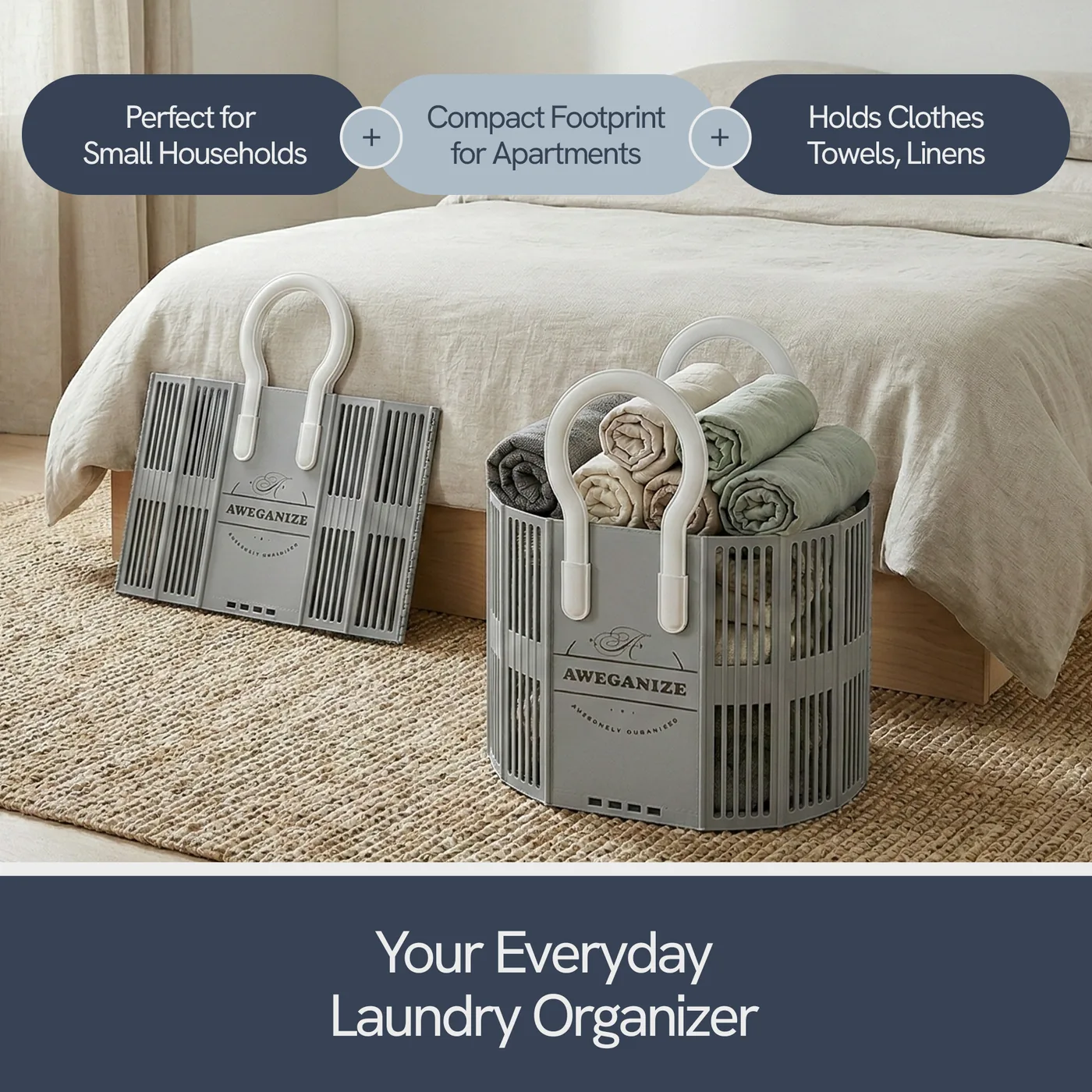 The basket at the end of a bed holding folded towels and linens.