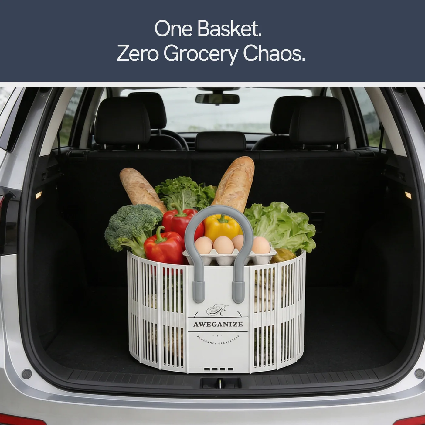 The basket holding groceries in the boot of a car.