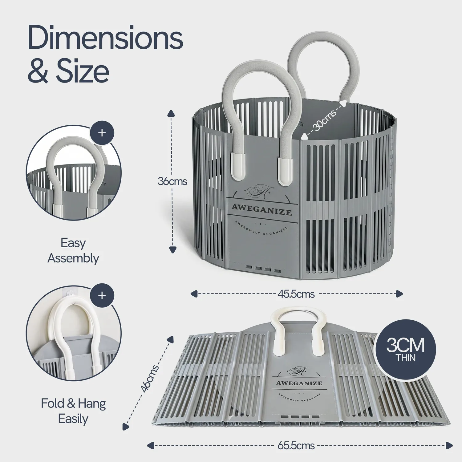 Dimension diagram showing the basket at 45.5cm wide, 36cm tall, folding down to 3cm thin and 65.5cm long when flat.