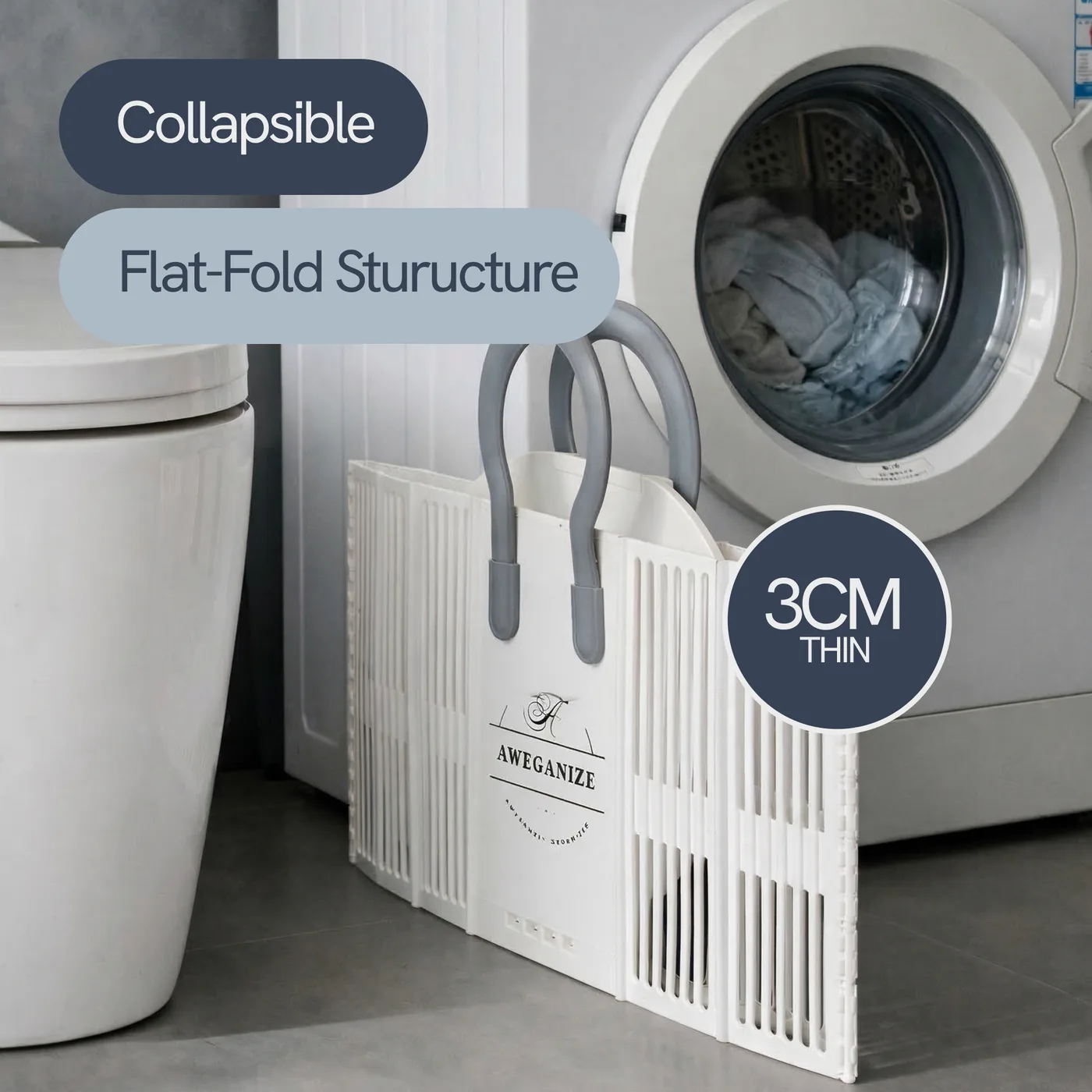 The basket folded flat and leaning against a wall next to a washing machine, taking almost no floor space.
