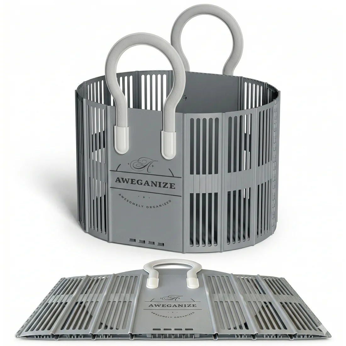 Aweganize collapsible laundry basket in grey with white handles.