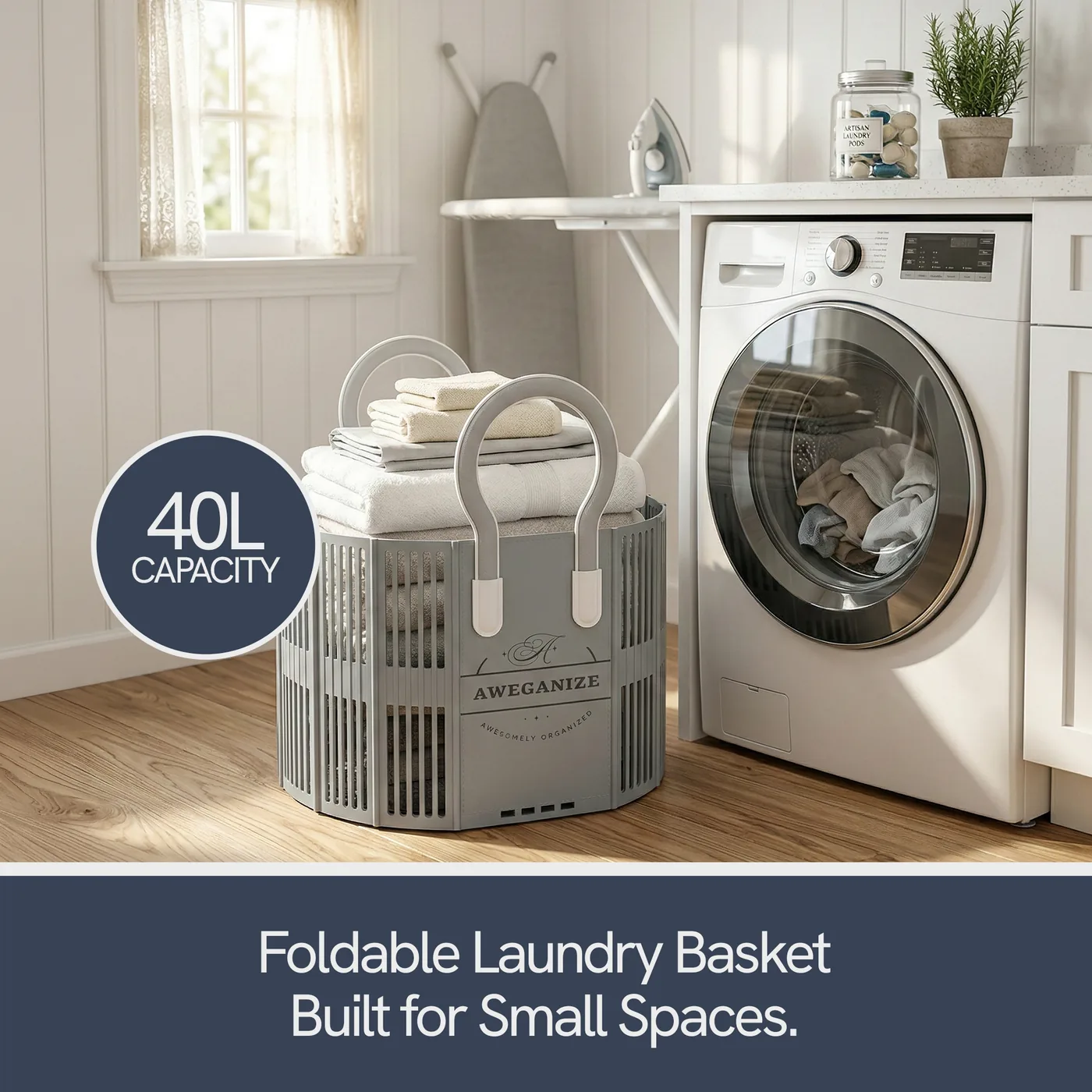 The basket in a laundry room beside a front-loading washing machine.