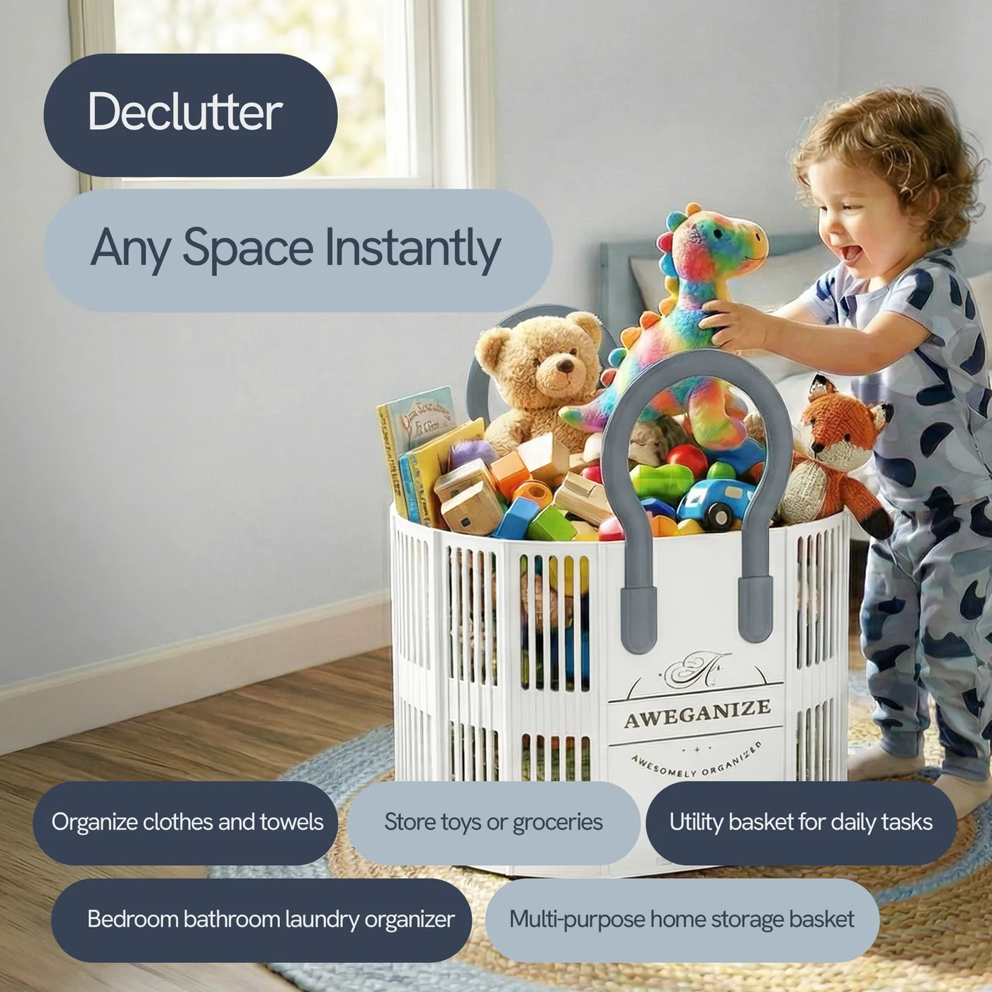 A child taking soft toys out of the basket in a living room.