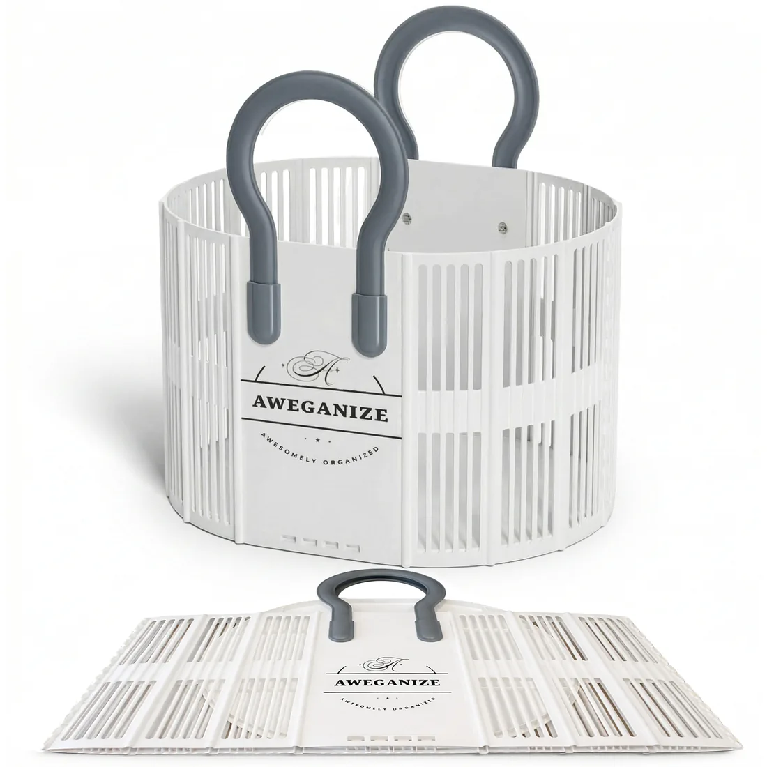 The Aweganize collapsible laundry basket in white, standing open with its grey handles, shown beside the same basket folded flat.